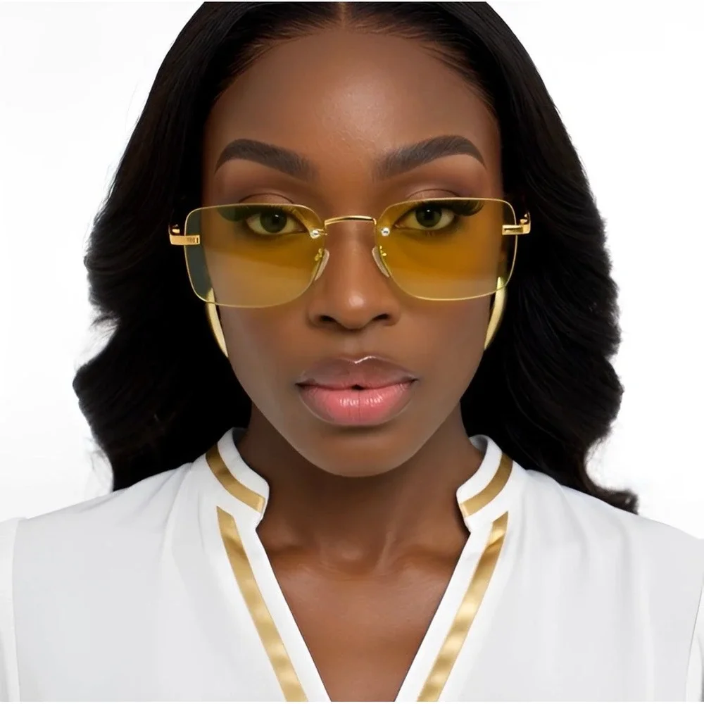 Fashion Narrow Small Women Sunglasses Yellow Tinted Lens Gold Metal Frame  Retro